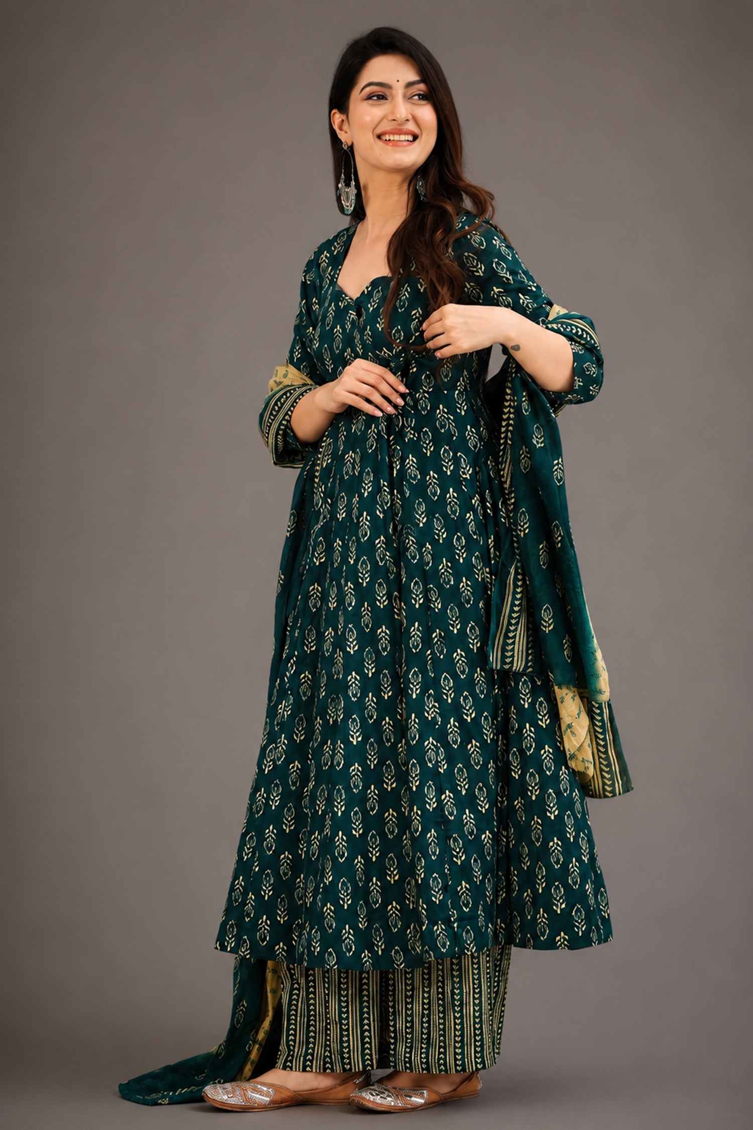 Aegean Blue Sovereign Booti Flared Maslin Silk Gown Set Main image