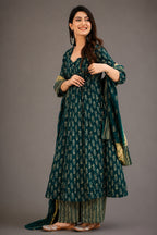 Aegean Blue Sovereign Booti Flared Maslin Silk Gown Set
