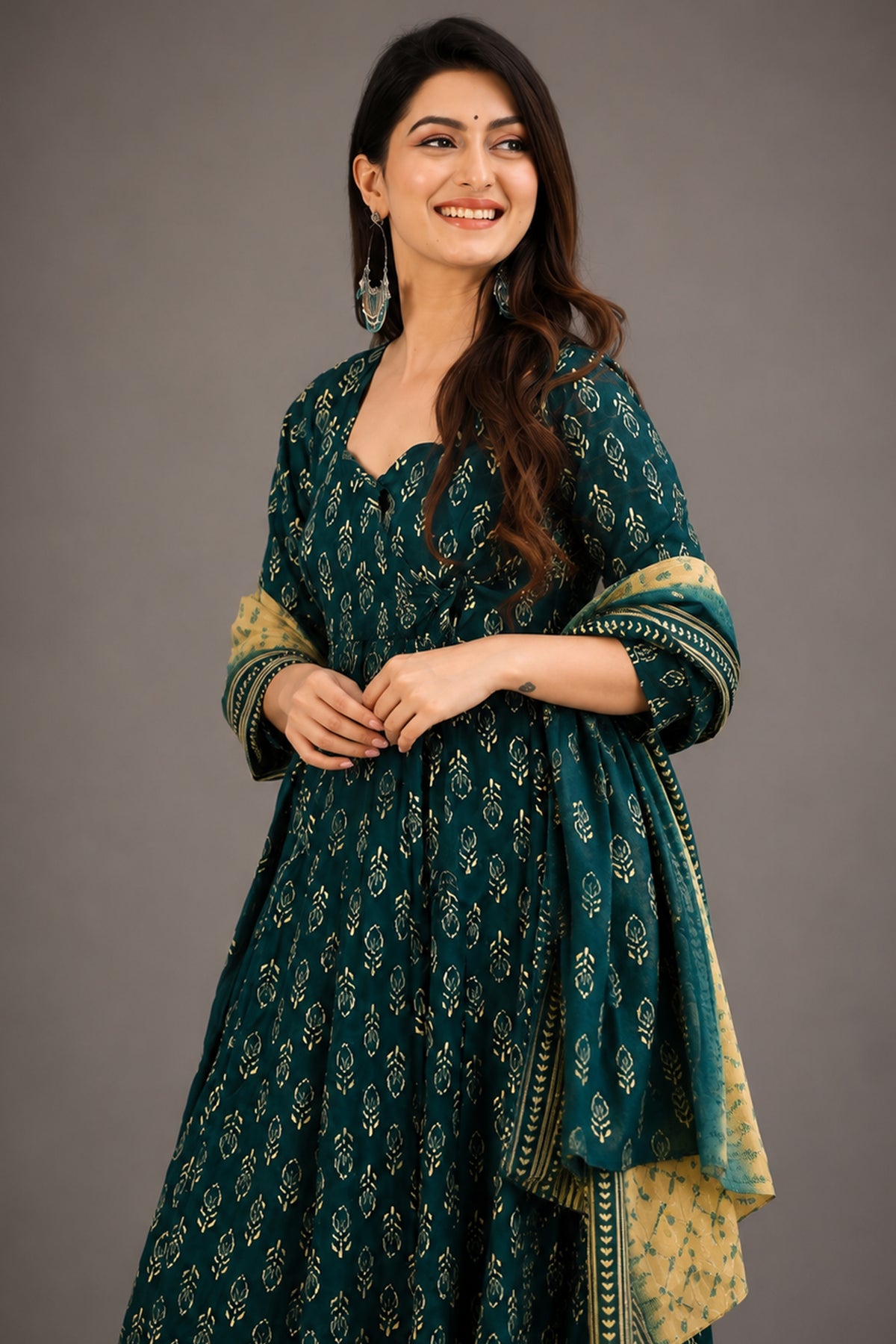 Aegean Blue Sovereign Booti Flared Maslin Silk Gown Set