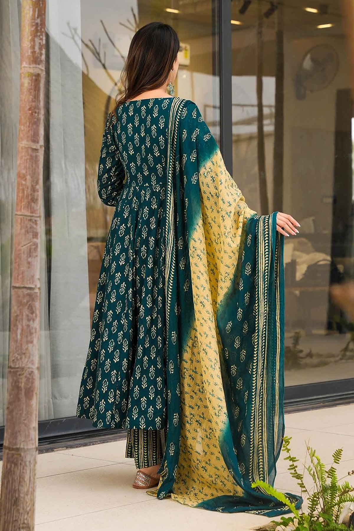 Aegean Blue Sovereign Booti Flared Maslin Silk Gown Set