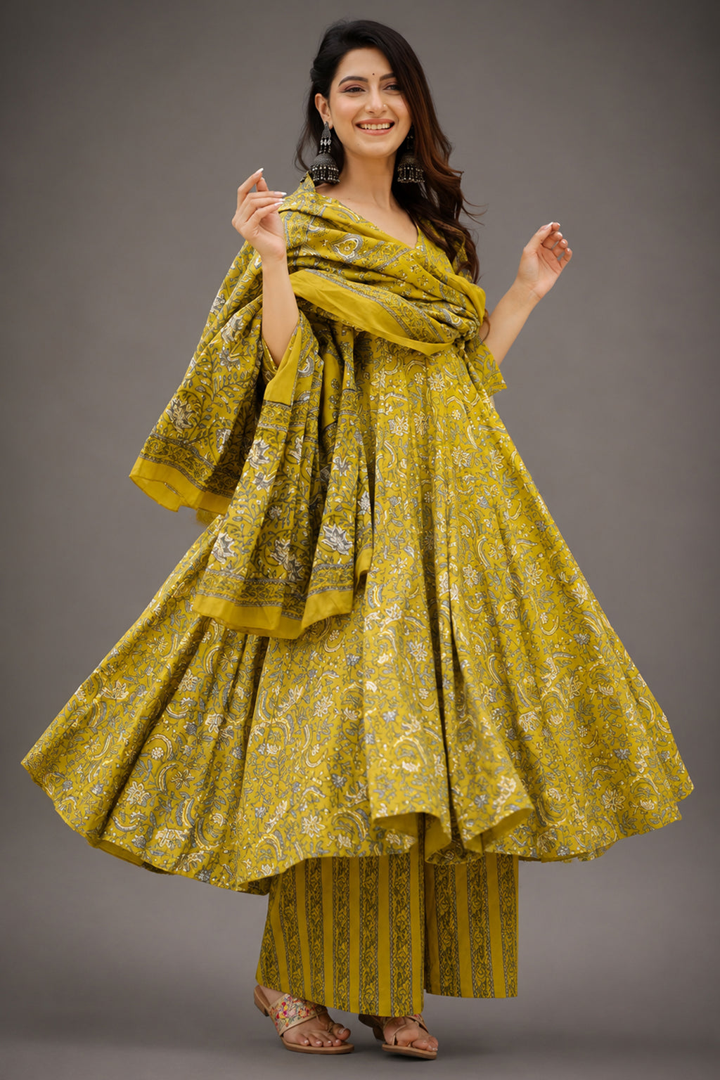 Meadow Mustard Kalamkari-Inspired Fully Flared Maslin Anarkali