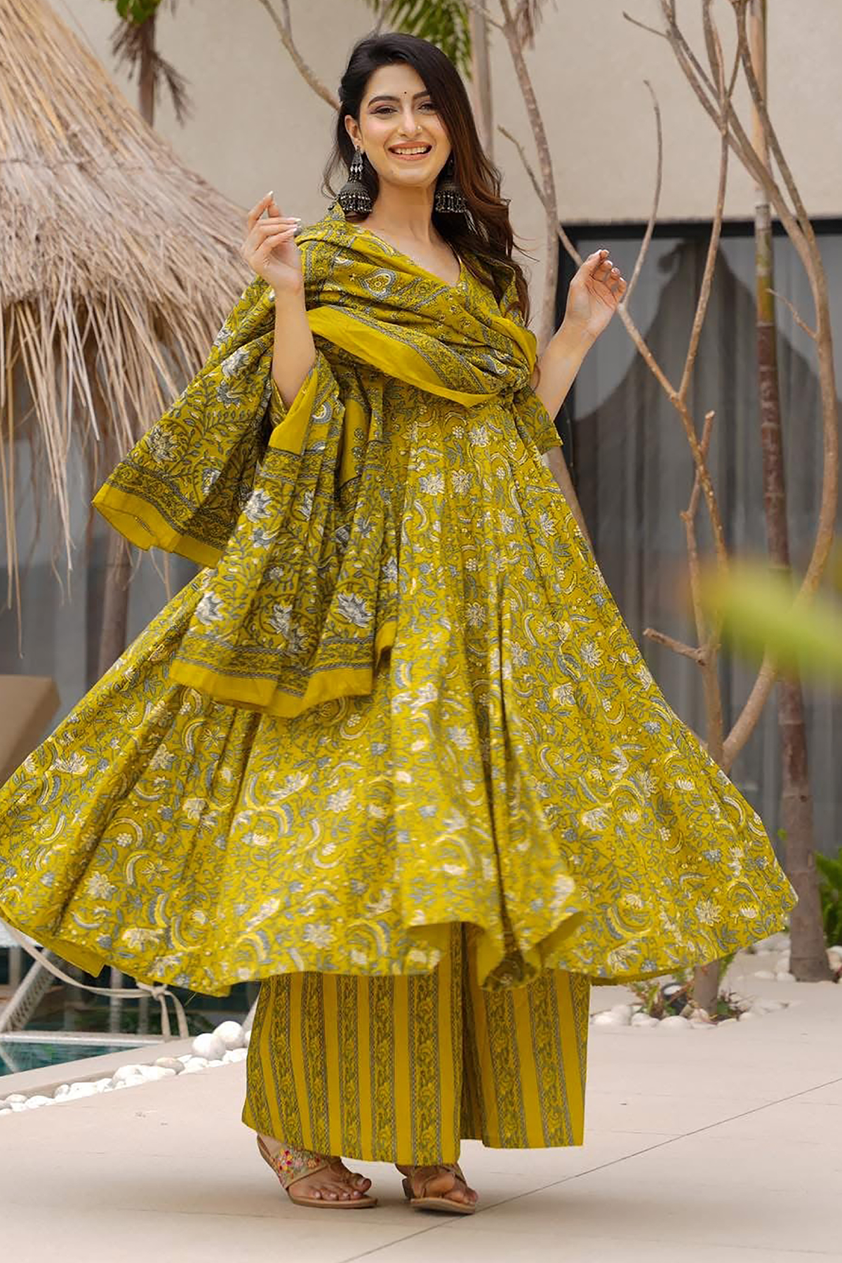 Meadow Mustard Kalamkari-Inspired Fully Flared Maslin Anarkali