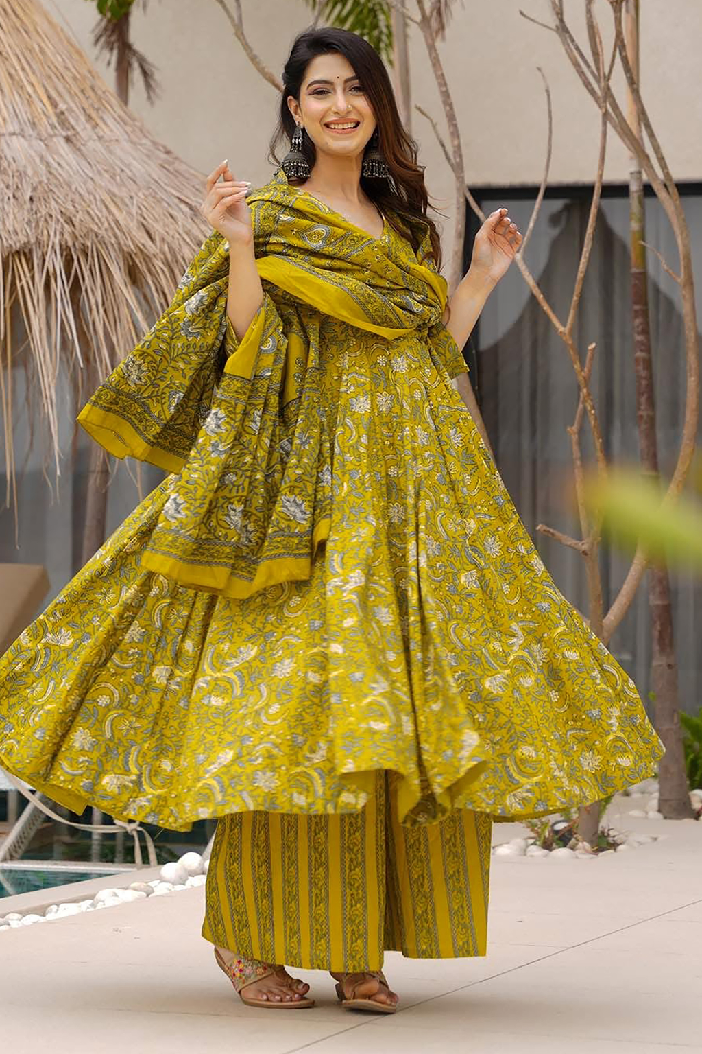 Meadow Mustard Kalamkari-Inspired Fully Flared Maslin Anarkali