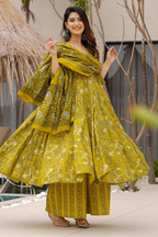 Meadow Mustard Kalamkari-Inspired Fully Flared Maslin Anarkali