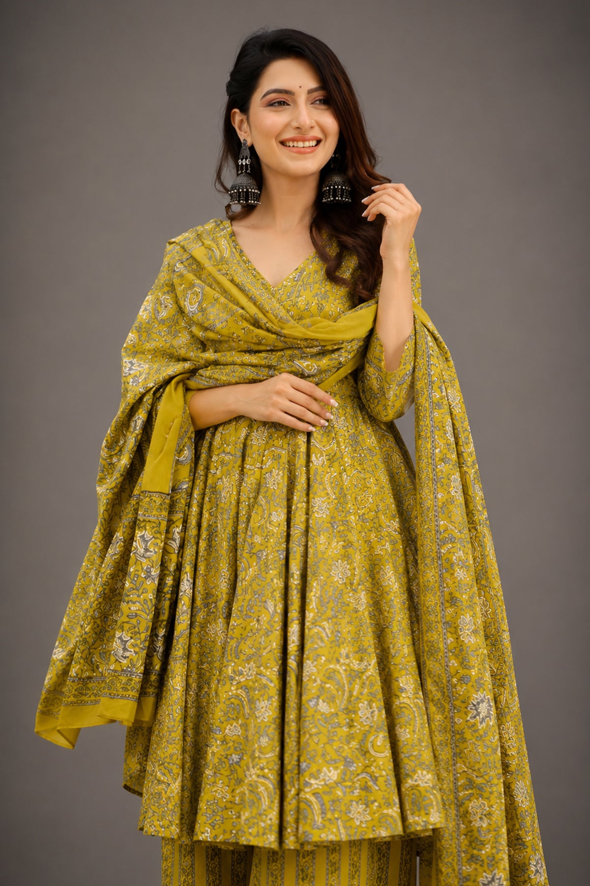 Meadow Mustard Kalamkari-Inspired Fully Flared Maslin Anarkali