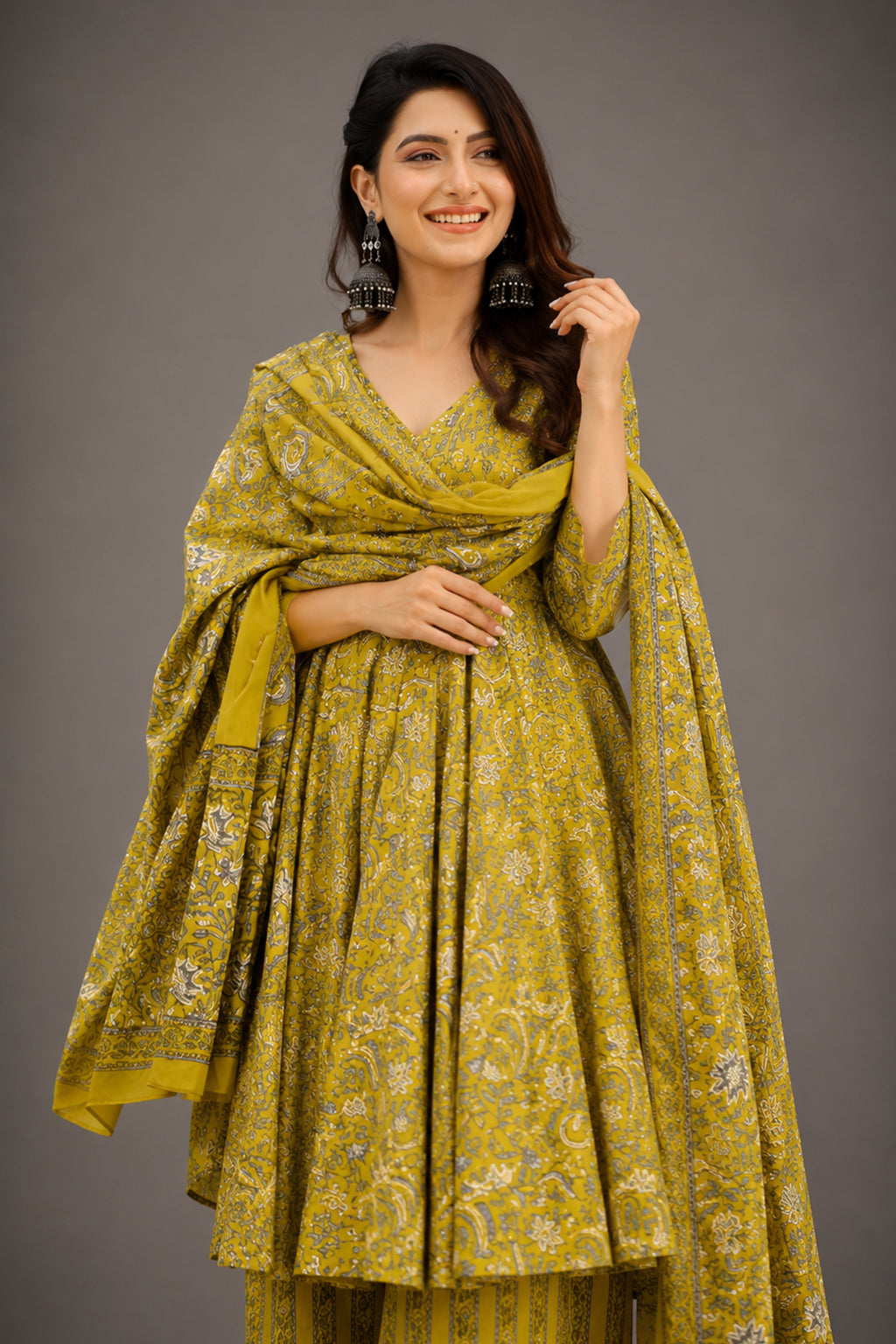 Meadow Mustard Kalamkari-Inspired Fully Flared Maslin Anarkali