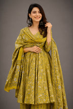 Meadow Mustard Kalamkari-Inspired Fully Flared Maslin Anarkali