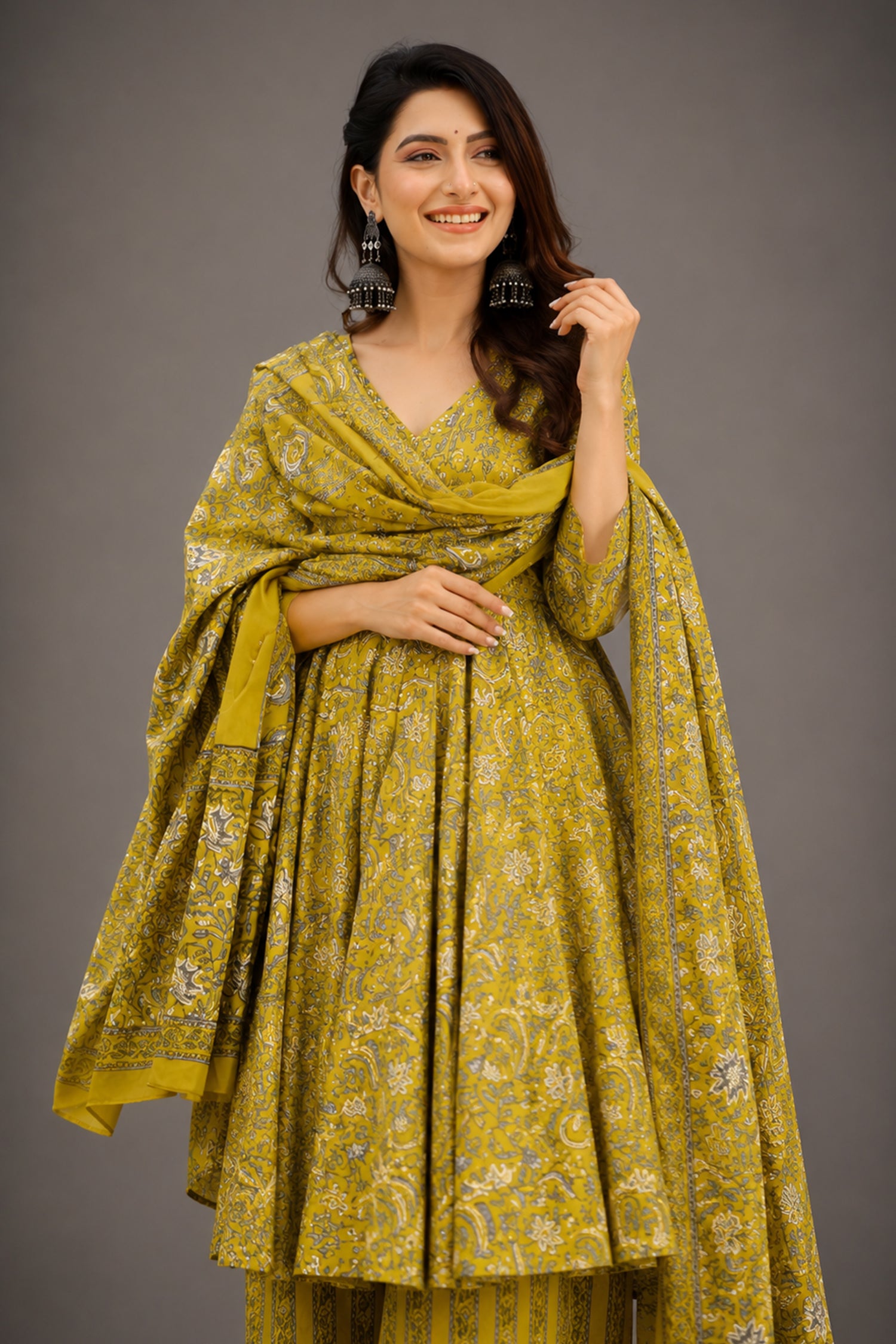 Meadow Mustard Kalamkari-Inspired Fully Flared Maslin Anarkali
