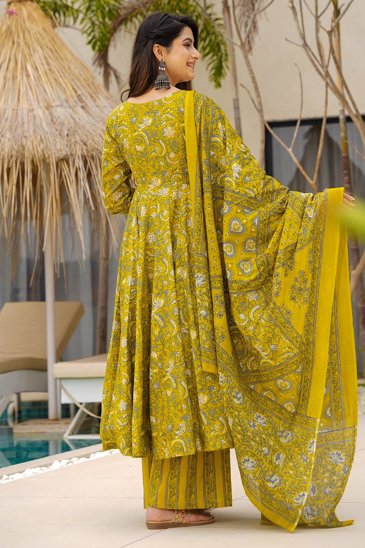 Meadow Mustard Kalamkari-Inspired Fully Flared Maslin Anarkali