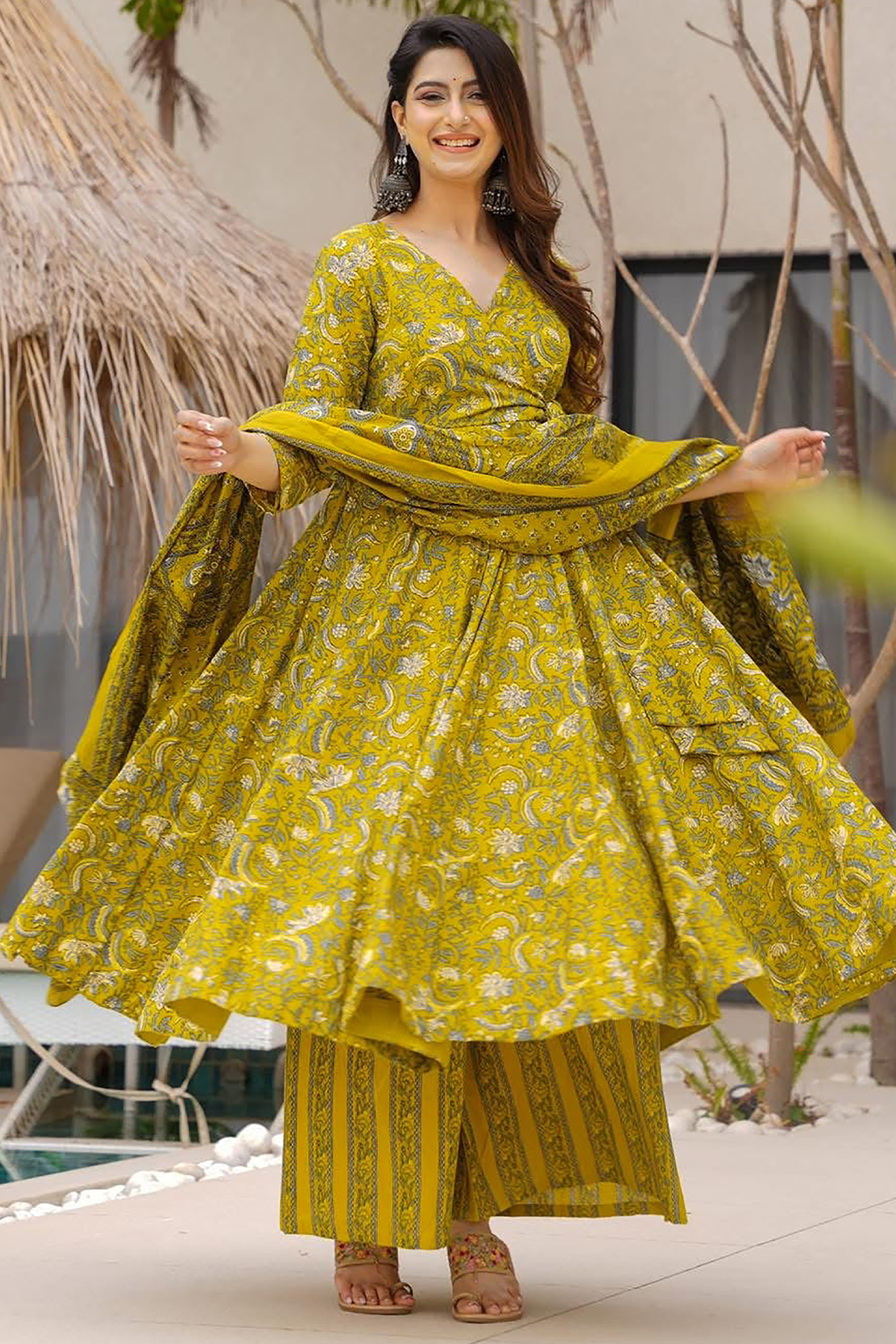 Meadow Mustard Kalamkari-Inspired Fully Flared Maslin Anarkali