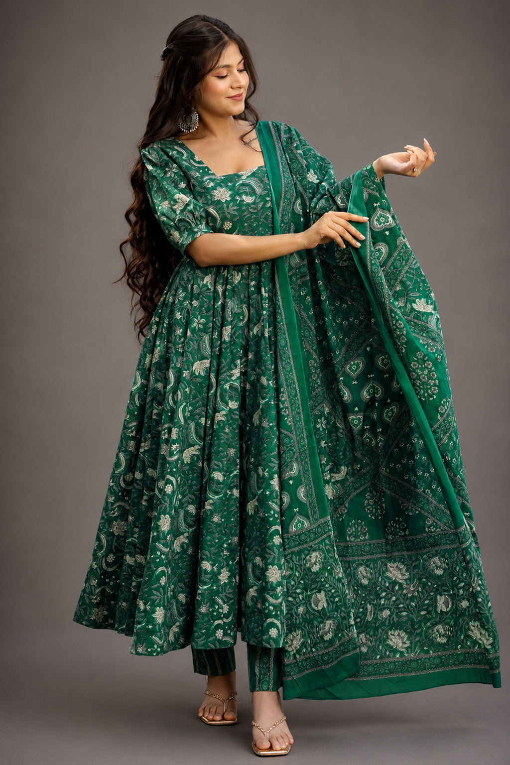 Emerald Green Foliage Printed Maslin Floor-Length Anarkali