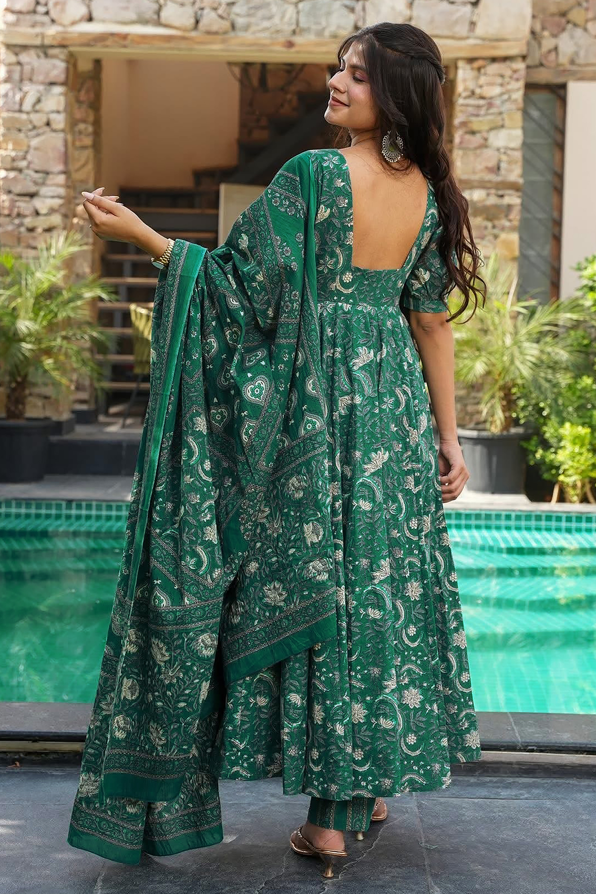 Emerald Green Foliage Printed Maslin Floor-Length Anarkali