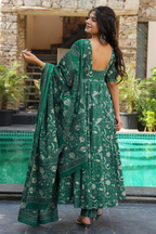 Emerald Green Foliage Printed Maslin Floor-Length Anarkali