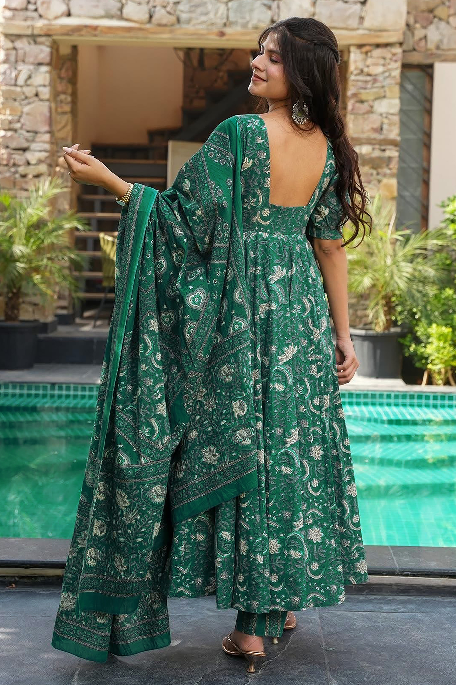 Emerald Green Foliage Printed Maslin Floor-Length Anarkali