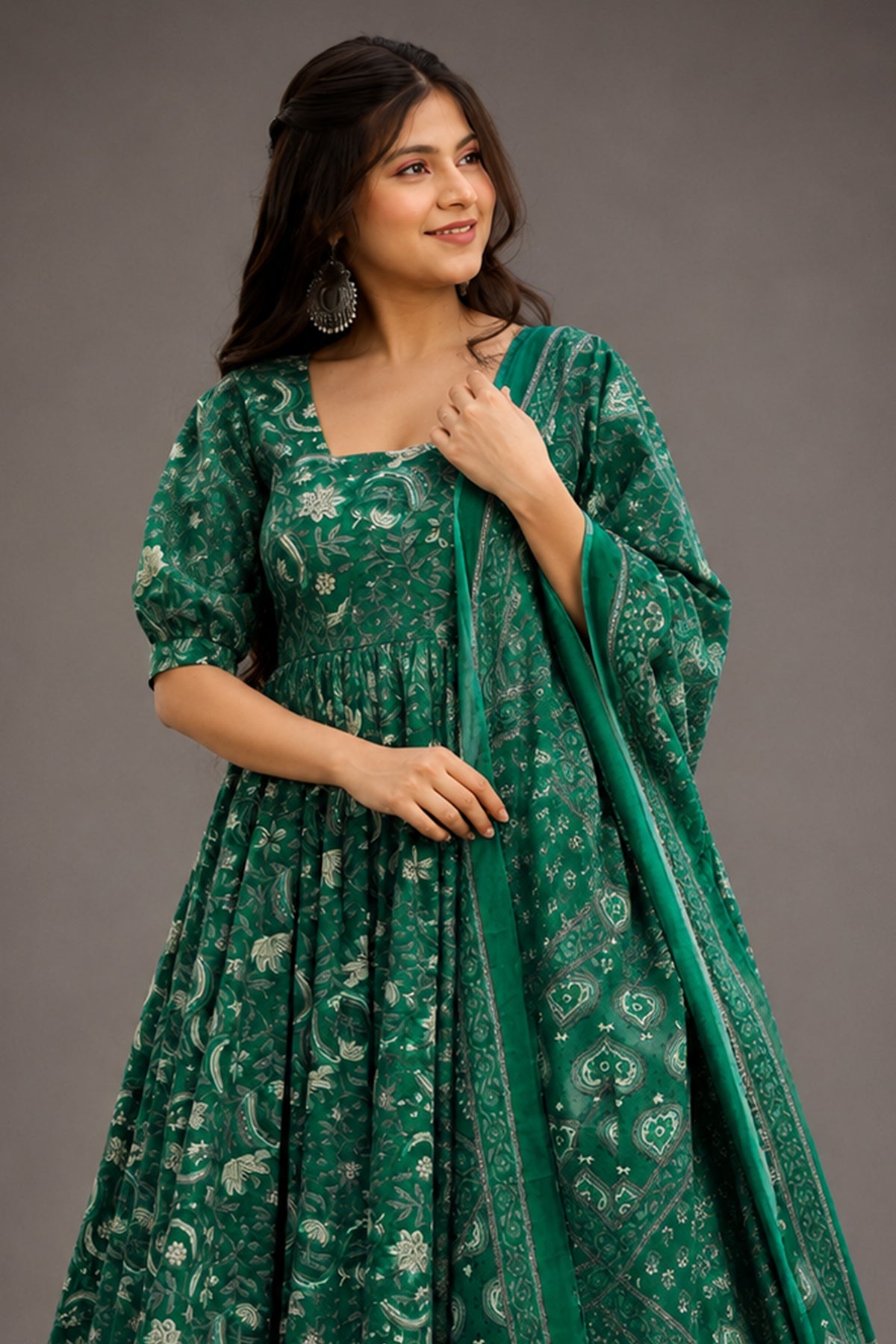 Emerald Green Foliage Printed Maslin Floor-Length Anarkali