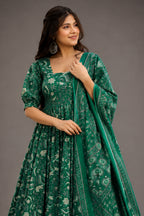 Emerald Green Foliage Printed Maslin Floor-Length Anarkali