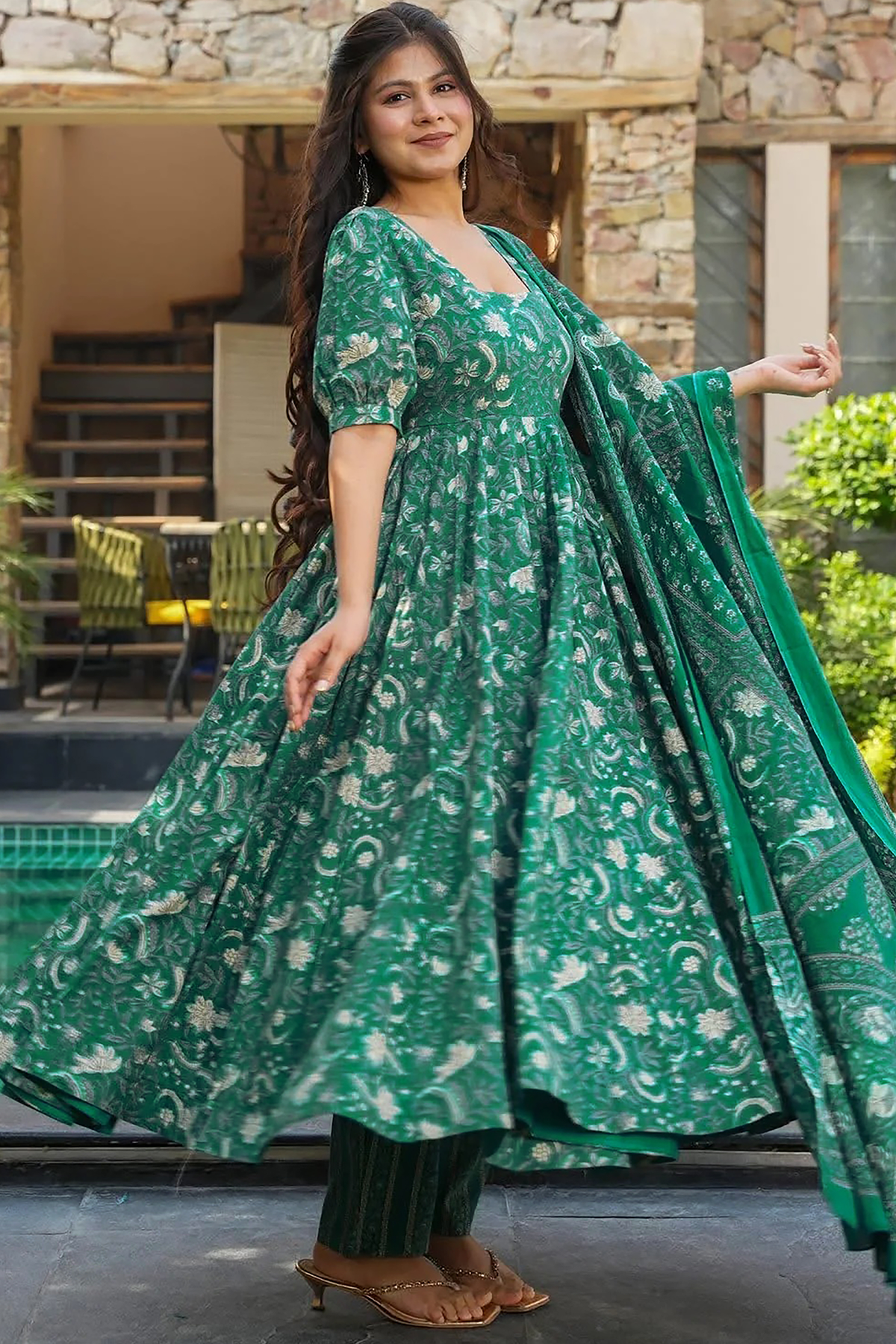 Emerald Green Foliage Printed Maslin Floor-Length Anarkali