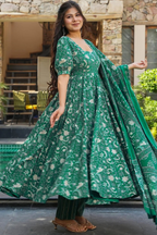Emerald Green Foliage Printed Maslin Floor-Length Anarkali