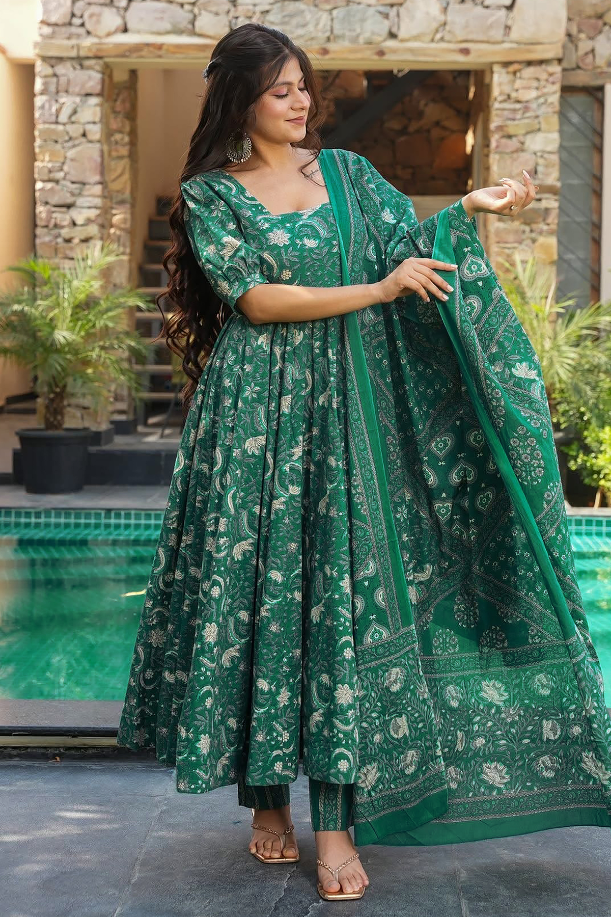 Emerald Green Foliage Printed Maslin Floor-Length Anarkali