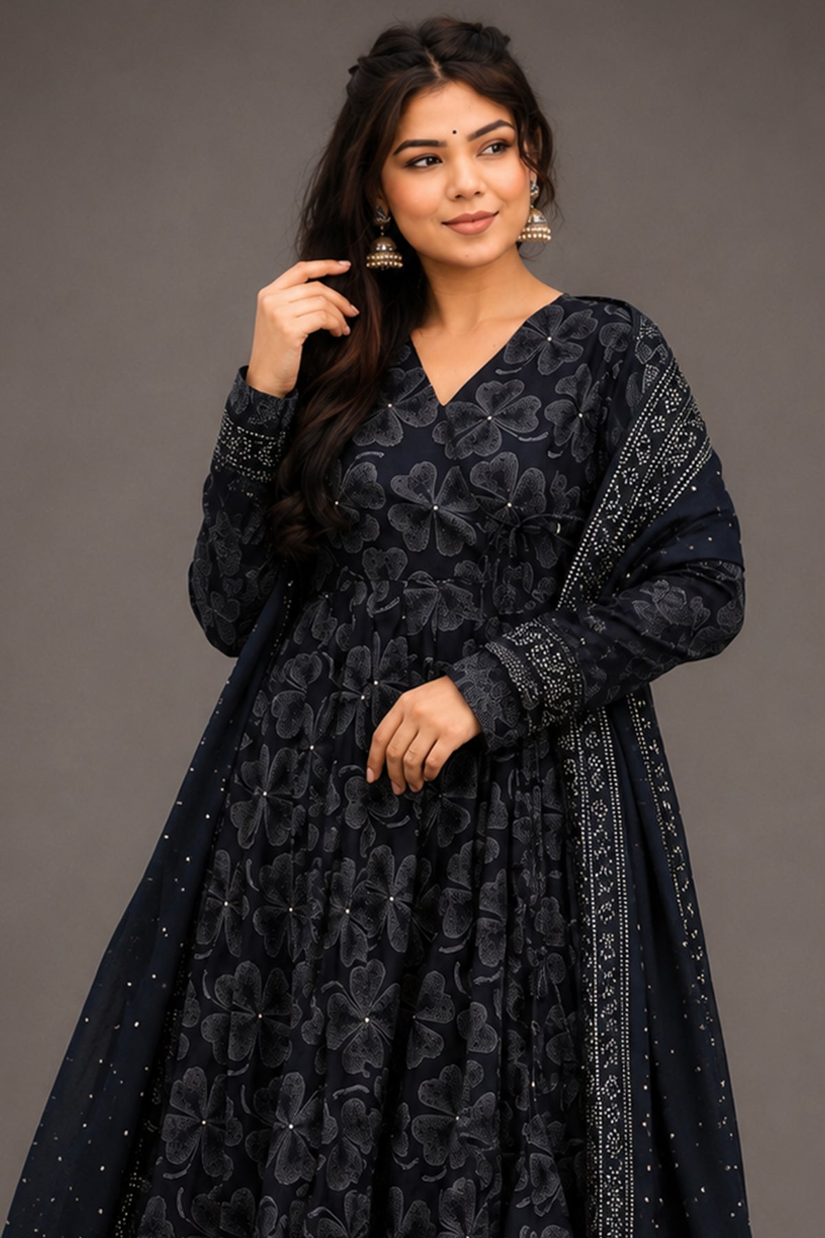 Charcoal Obsidian Clover Print Maslin Angrakha-Style Suit