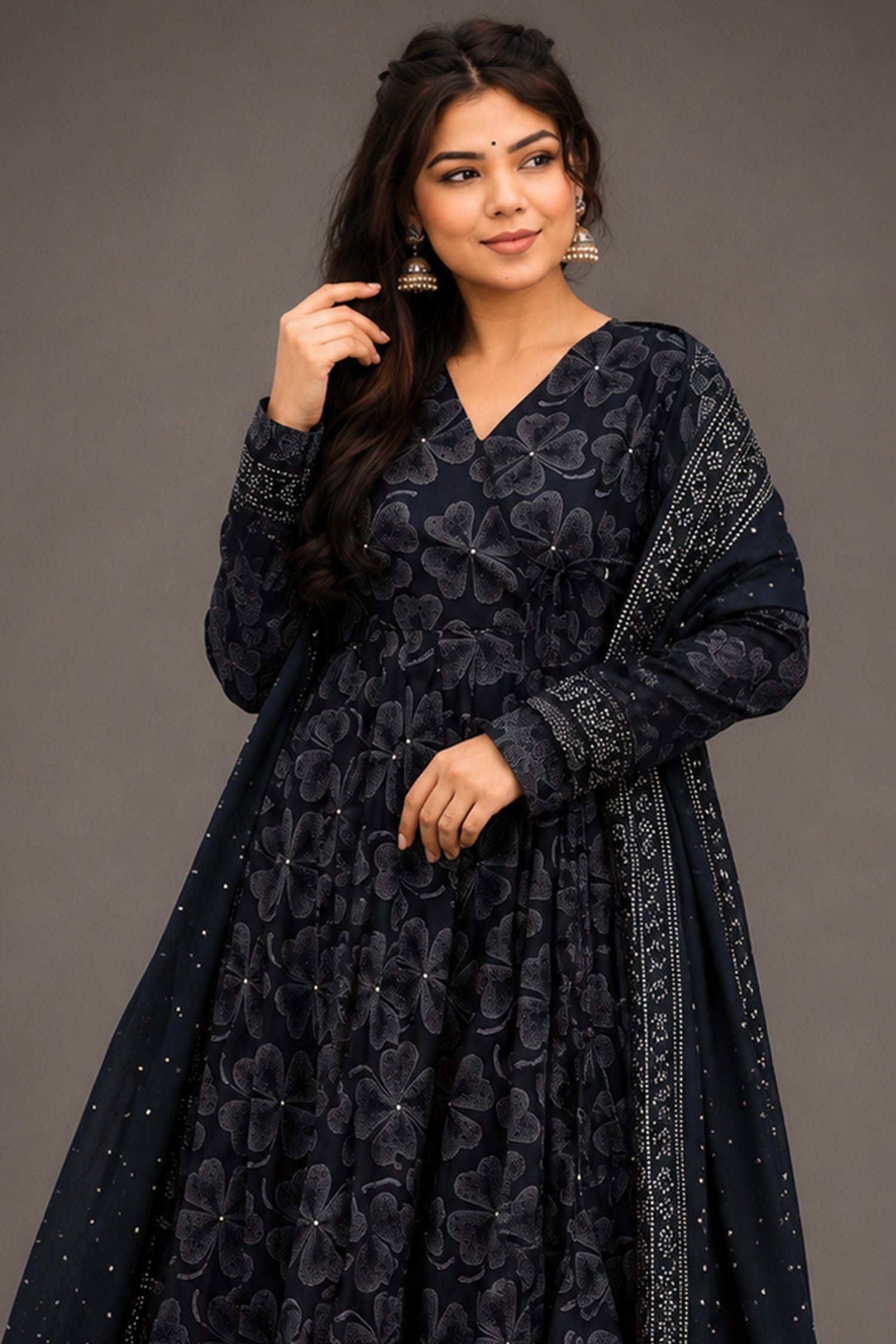 Charcoal Obsidian Clover Print Maslin Angrakha-Style Suit