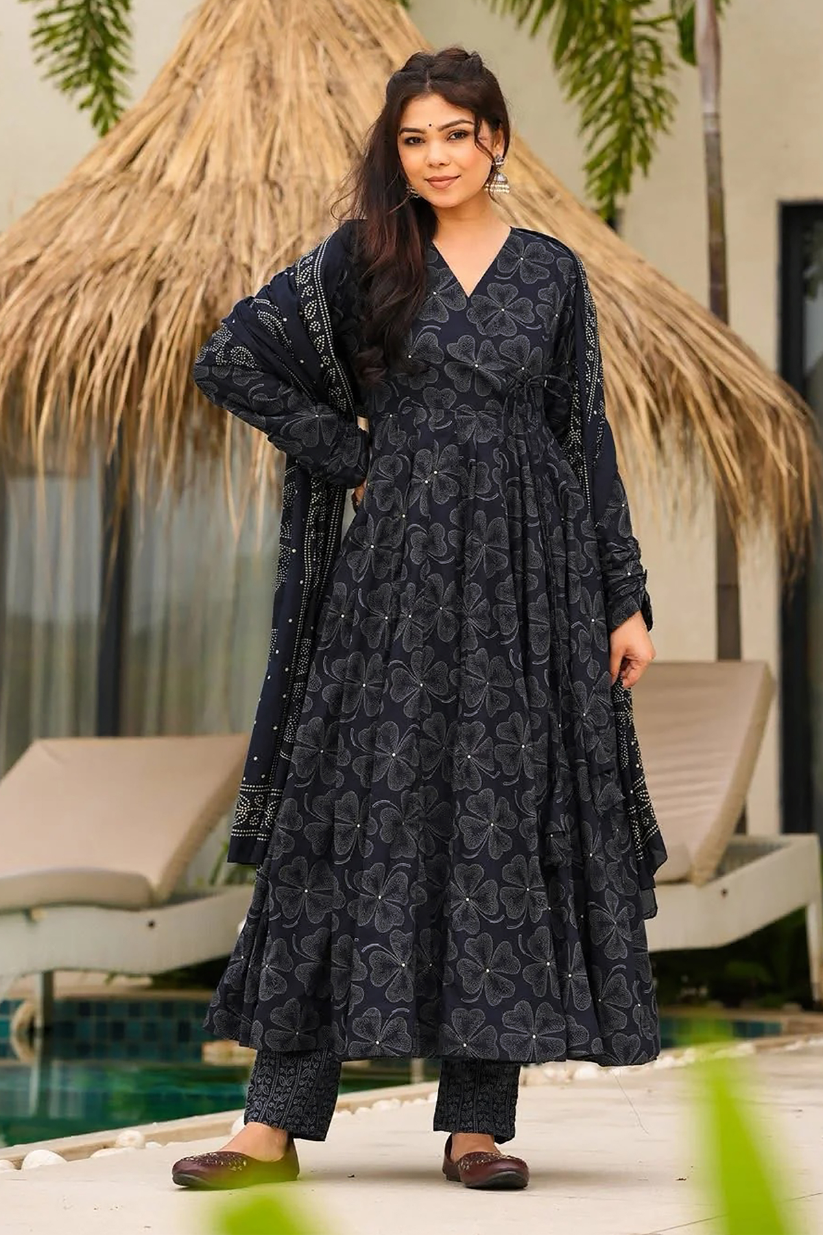 Charcoal Obsidian Clover Print Maslin Angrakha-Style Suit