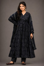 Charcoal Obsidian Clover Print Maslin Angrakha-Style Suit