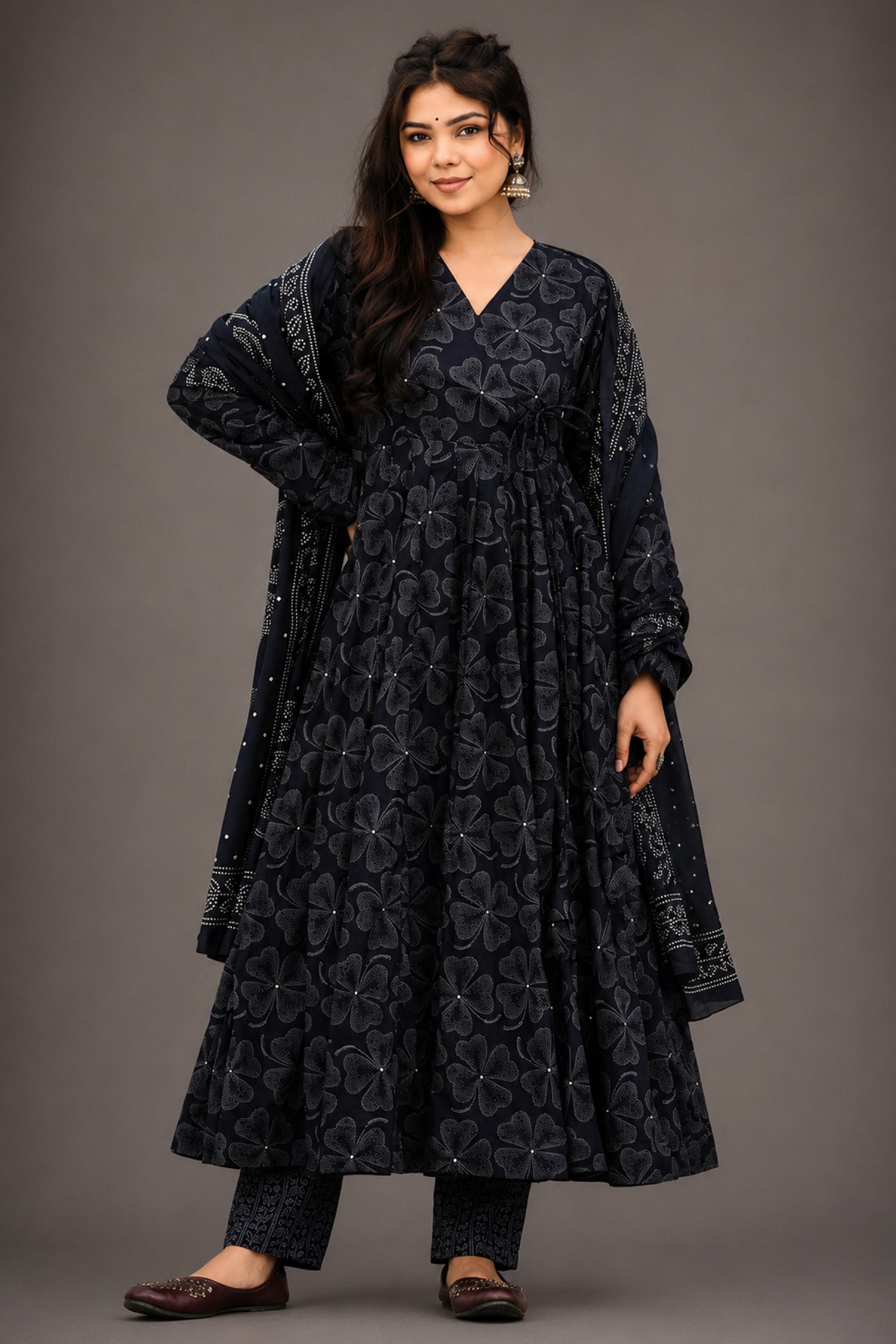 Charcoal Obsidian Clover Print Maslin Angrakha-Style Suit