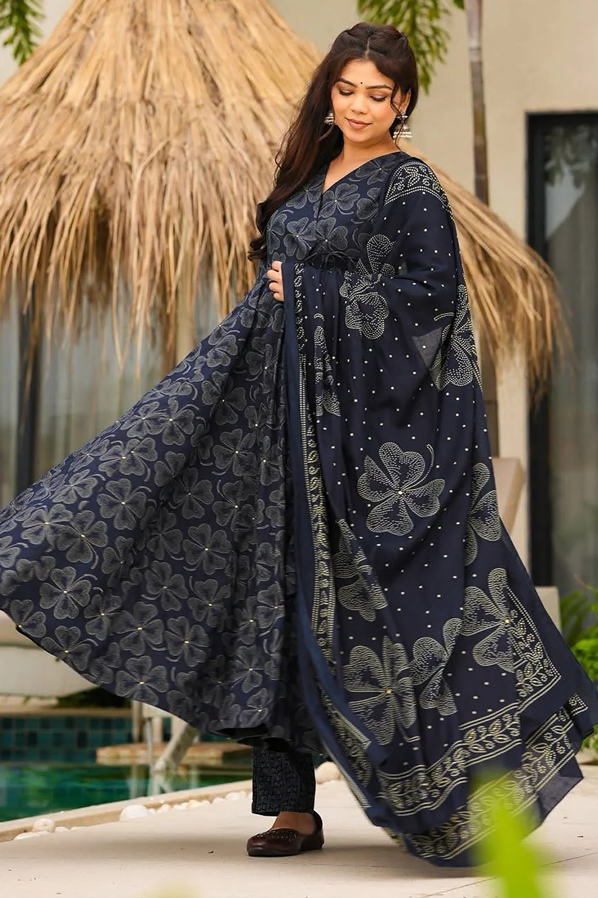 Charcoal Obsidian Clover Print Maslin Angrakha-Style Suit