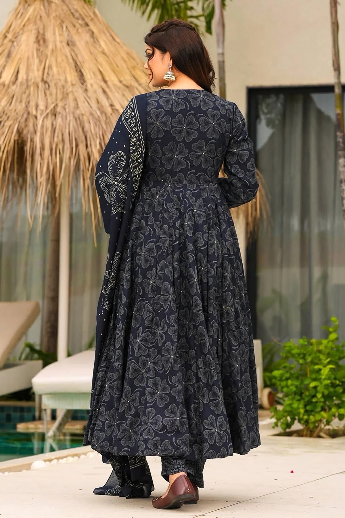 Charcoal Obsidian Clover Print Maslin Angrakha-Style Suit