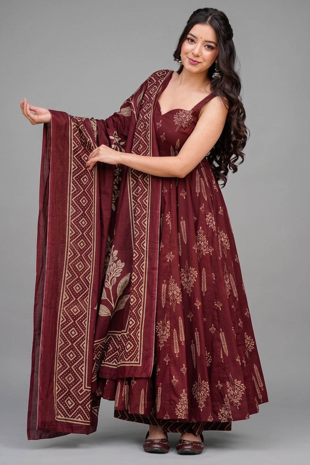 Crimson Maroon Geometric & Floral Motif Printed Muslin Flared Kurti Set