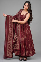 Crimson Maroon Geometric & Floral Motif Printed Muslin Flared Kurti Set