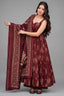 Crimson Maroon Geometric & Floral Motif Printed Muslin Flared Kurti Set