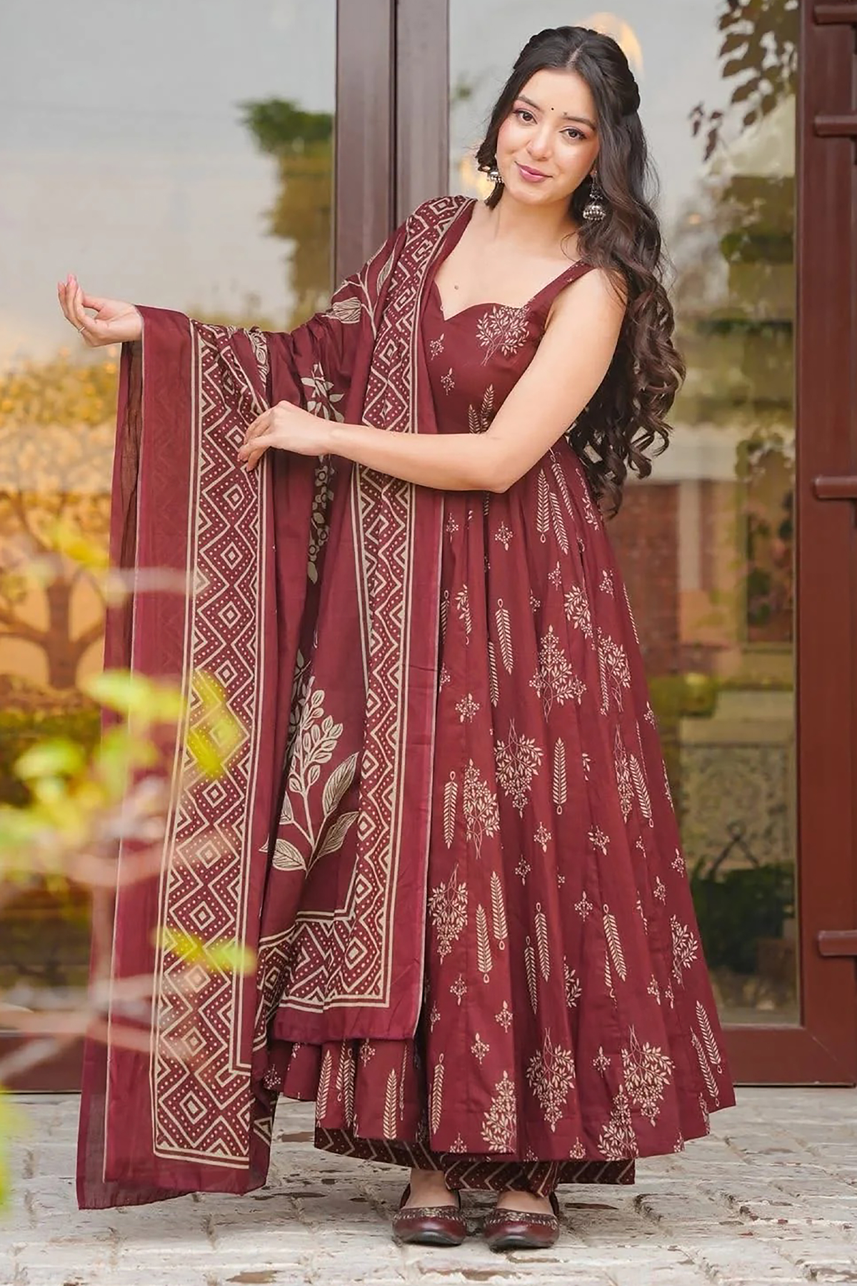 Crimson Maroon Geometric & Floral Motif Printed Muslin Flared Kurti Set