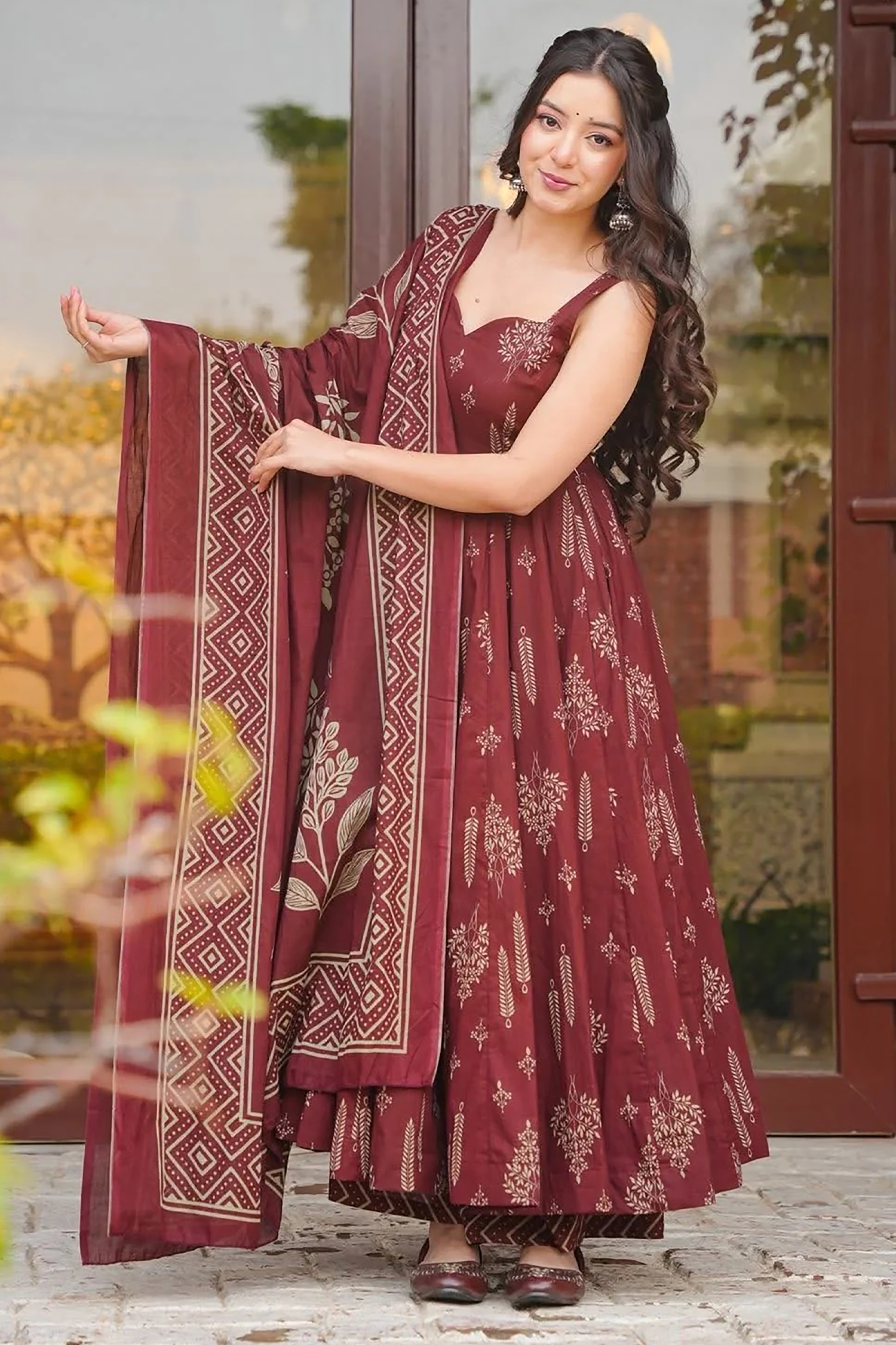 Crimson Maroon Geometric & Floral Motif Printed Muslin Flared Kurti Set