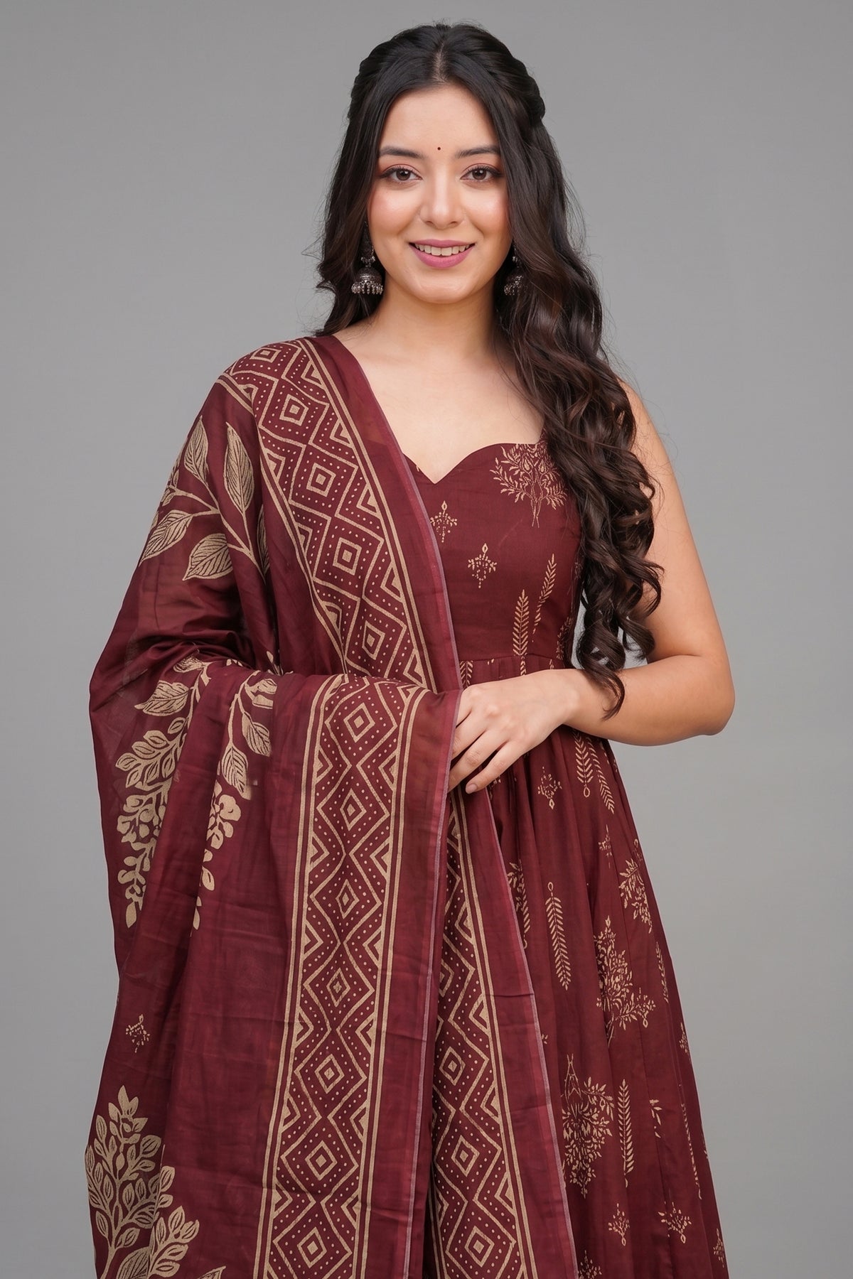 Crimson Maroon Geometric & Floral Motif Printed Muslin Flared Kurti Set