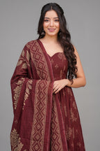 Crimson Maroon Geometric & Floral Motif Printed Muslin Flared Kurti Set