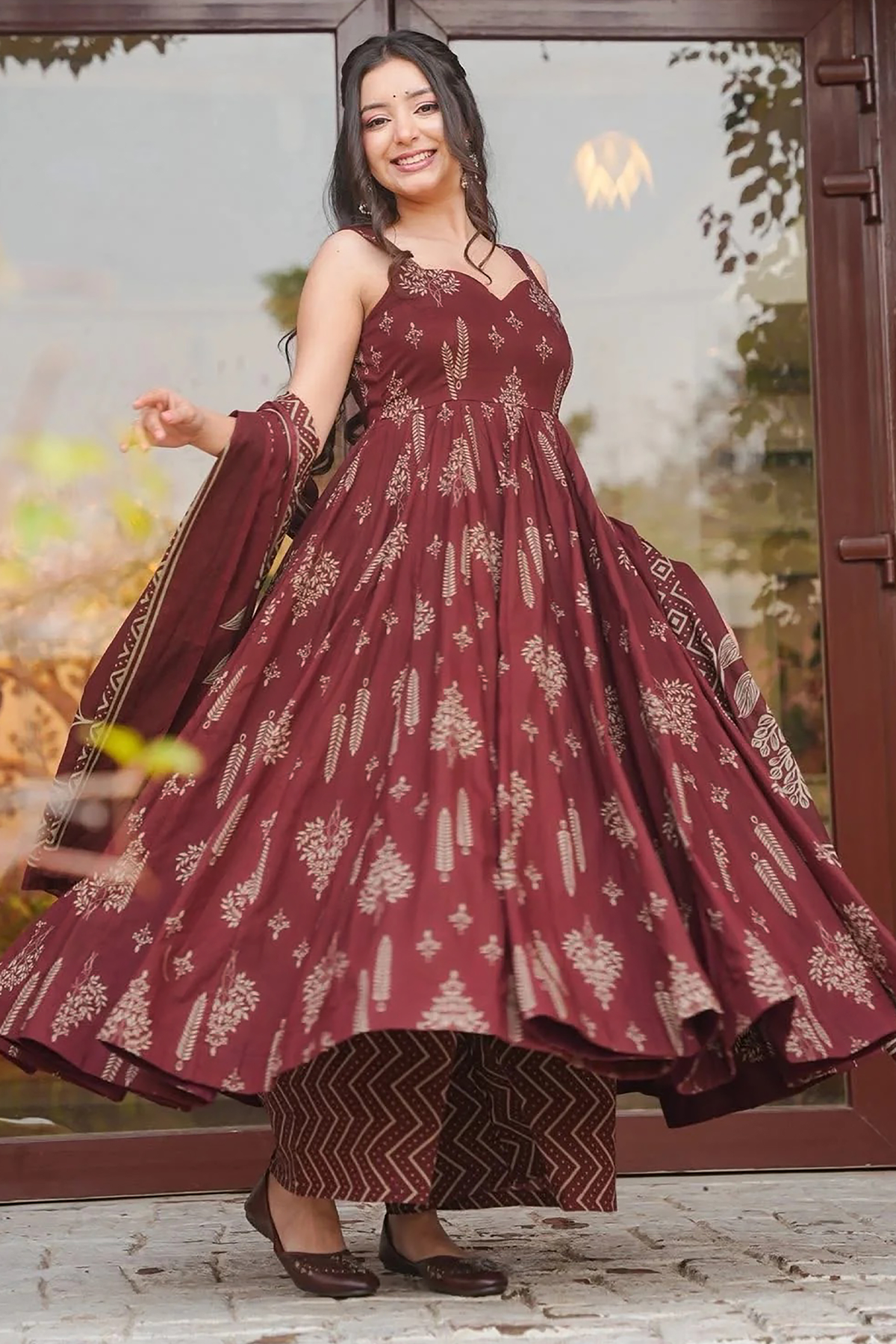 Crimson Maroon Geometric & Floral Motif Printed Muslin Flared Kurti Set