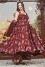 Crimson Maroon Geometric & Floral Motif Printed Muslin Flared Kurti Set