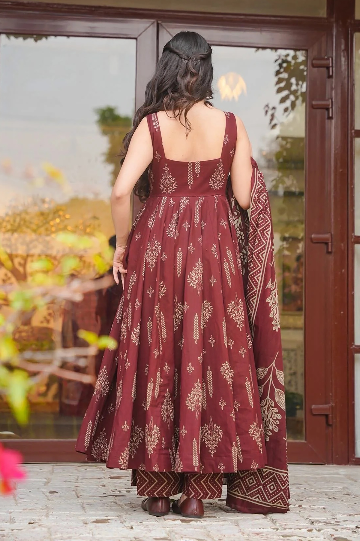 Crimson Maroon Geometric & Floral Motif Printed Muslin Flared Kurti Set