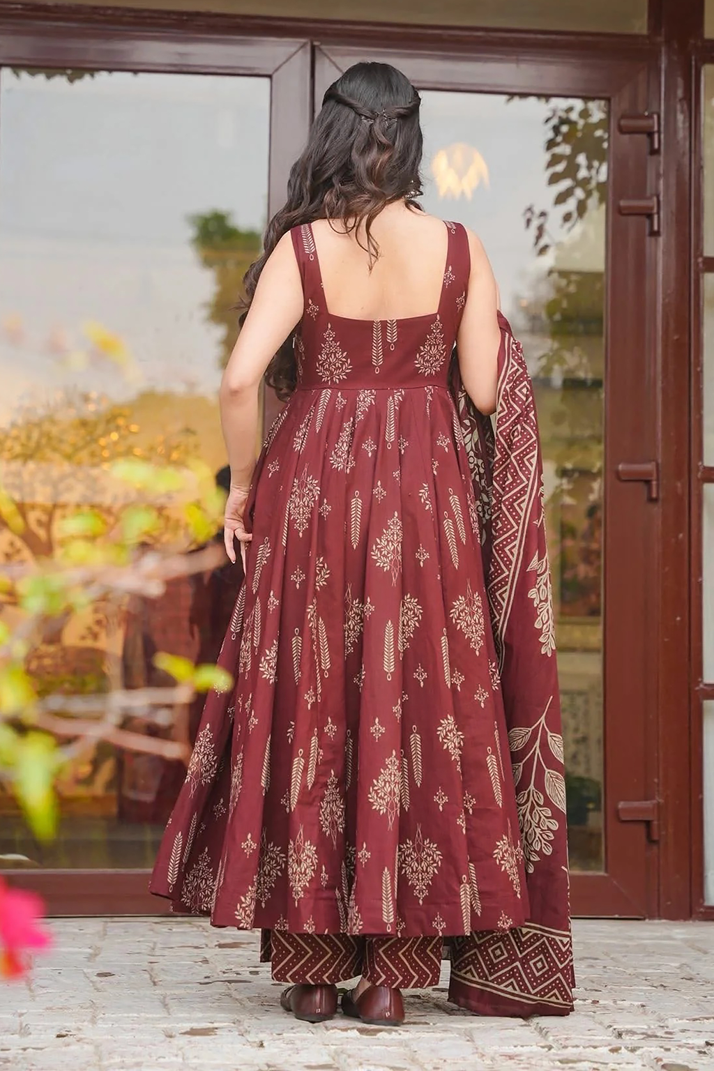Crimson Maroon Geometric & Floral Motif Printed Muslin Flared Kurti Set