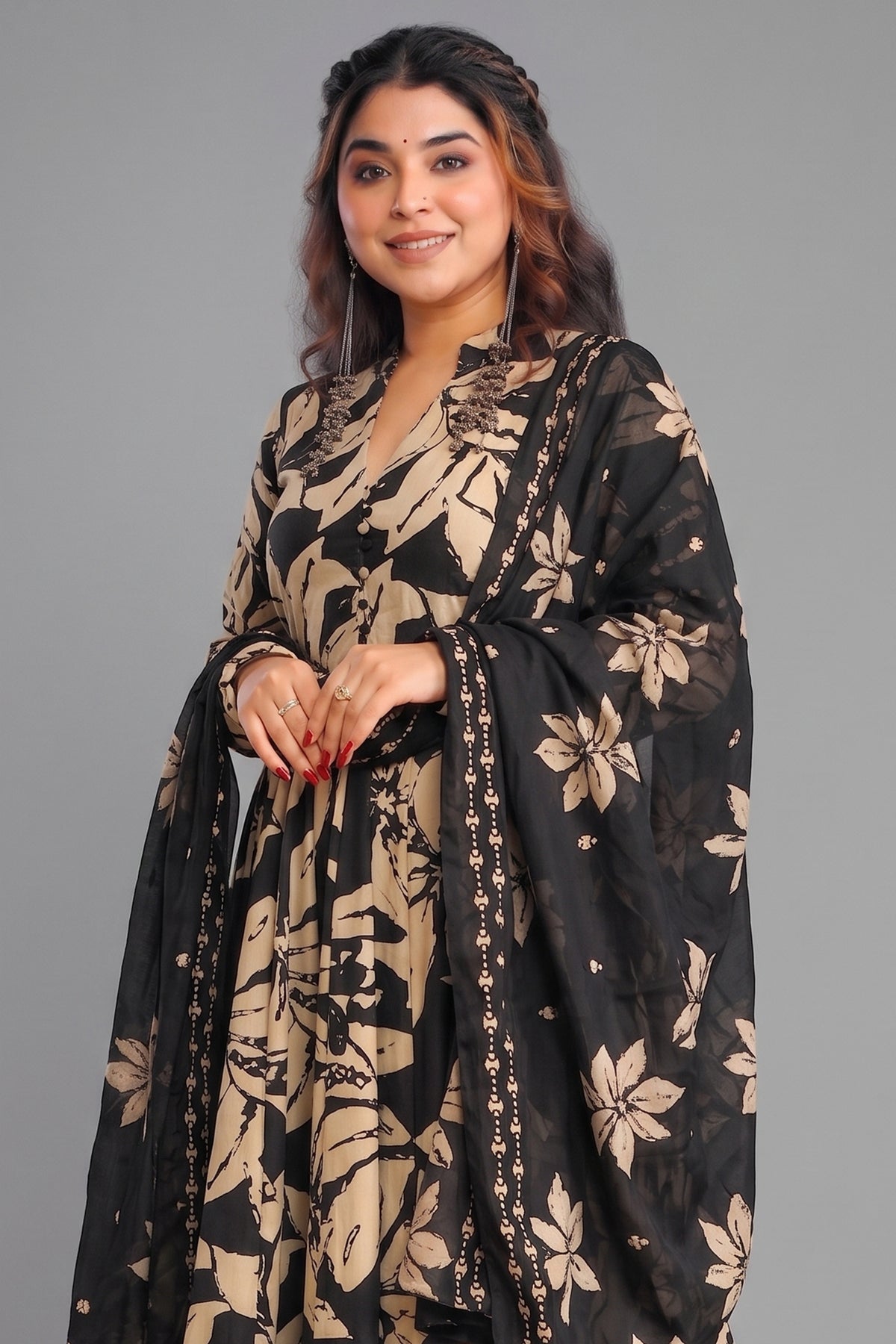 Midnight Black & Beige Floral Print Maslin Anarkali Kurti Set