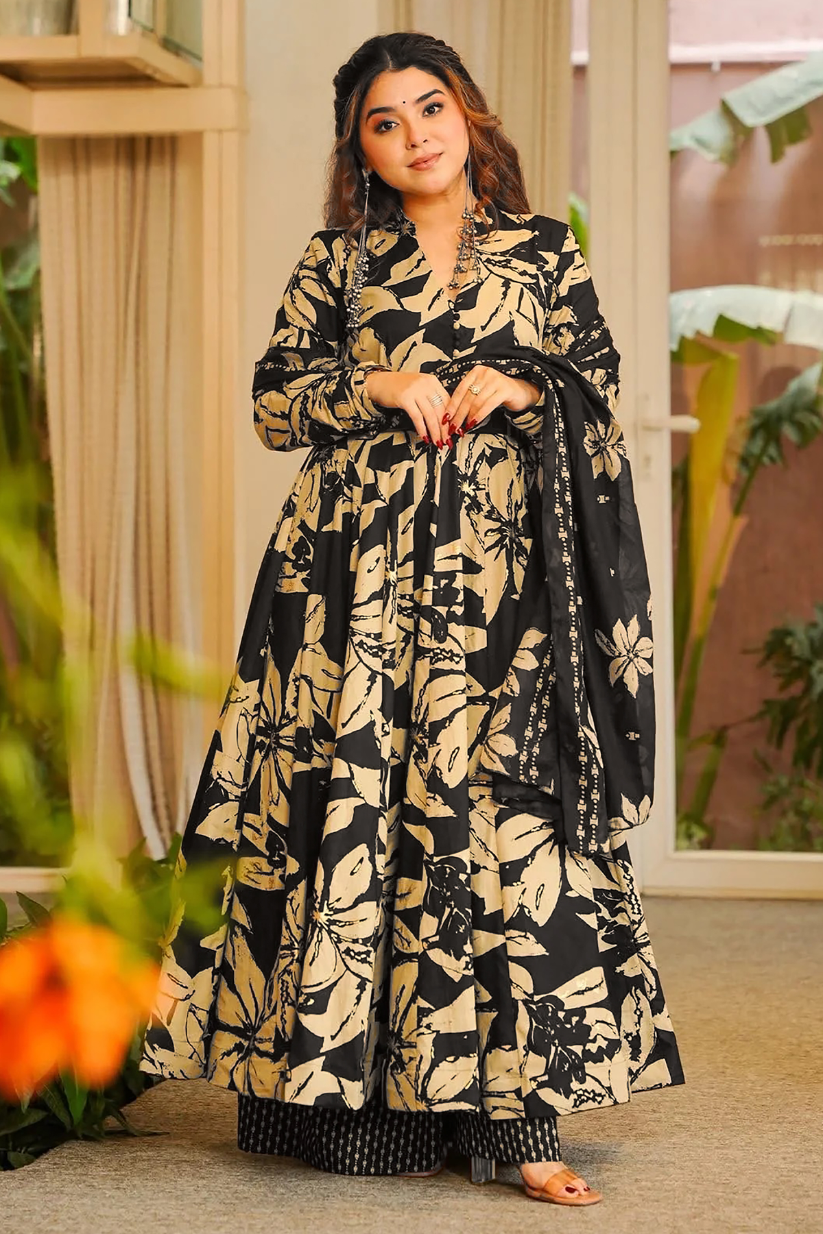 Midnight Black & Beige Floral Print Maslin Anarkali Kurti Set