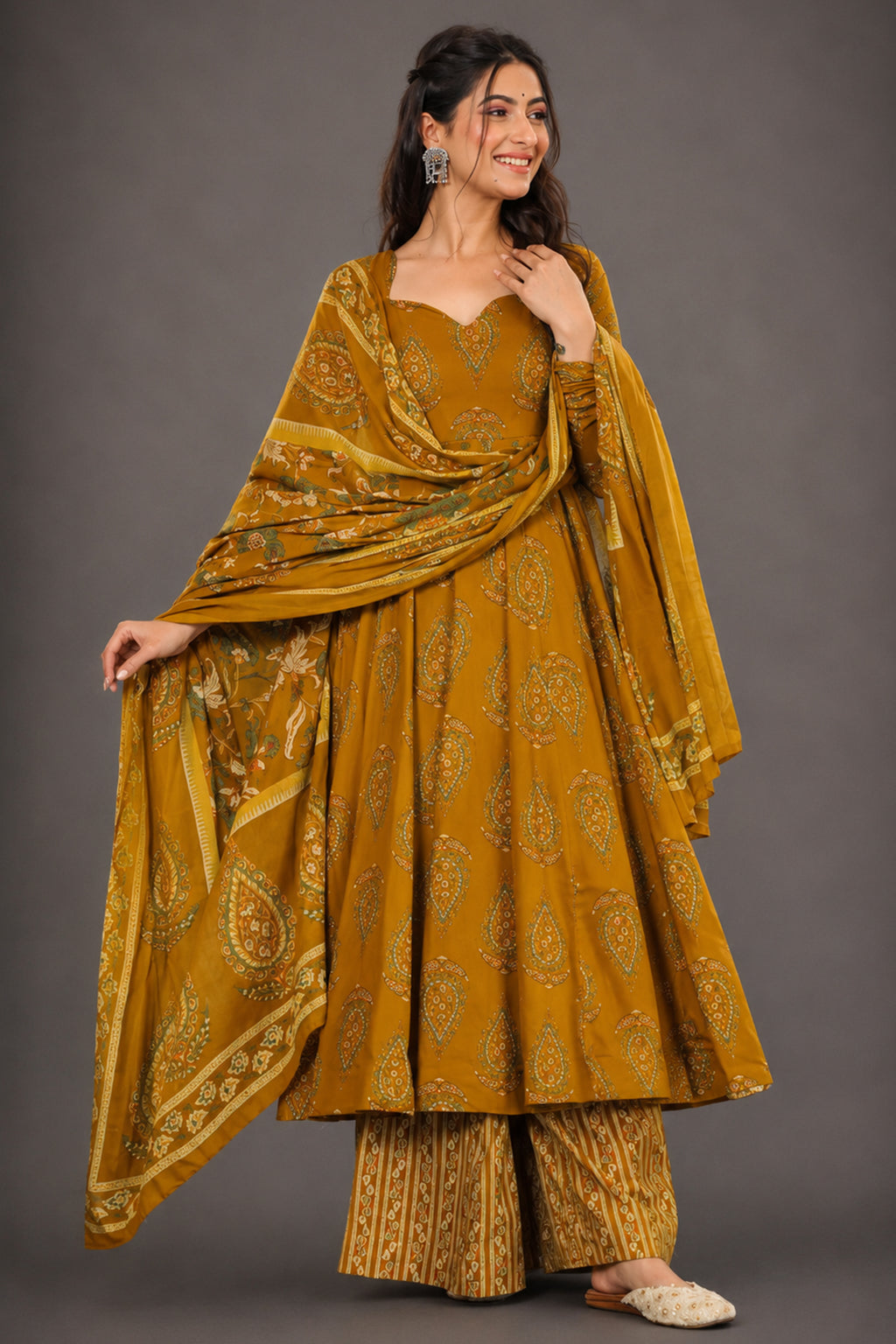 Ochre Mustard Paisley Print Muslin Flared Kurti Set