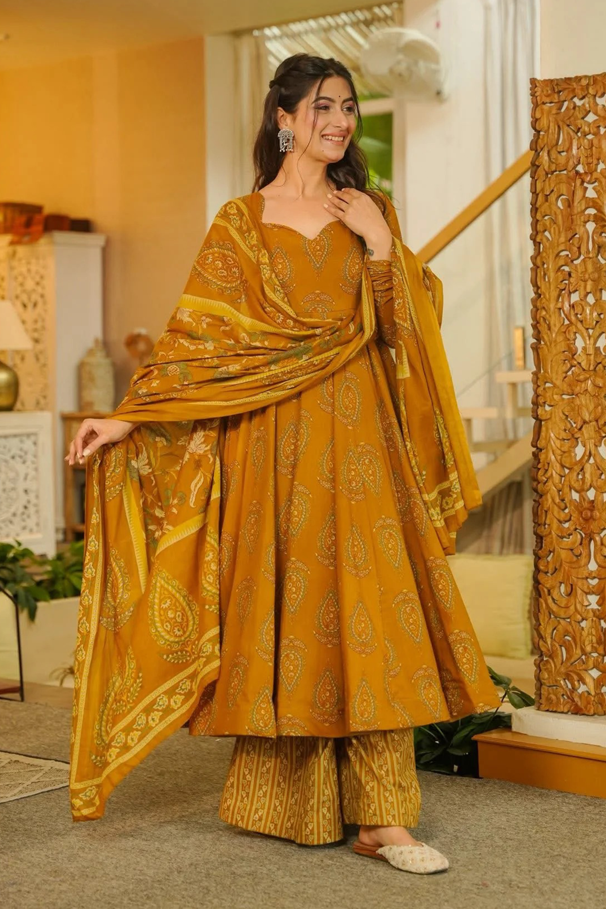Ochre Mustard Paisley Print Muslin Flared Kurti Set