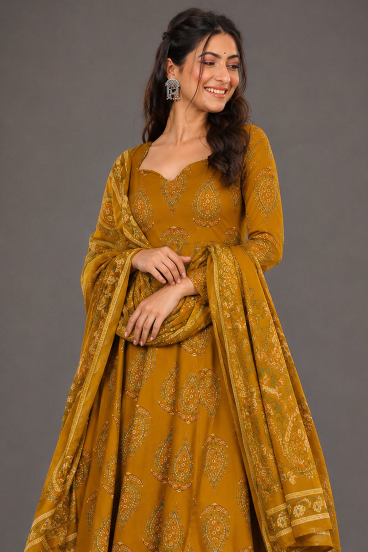 Ochre Mustard Paisley Print Muslin Flared Kurti Set