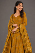 Ochre Mustard Paisley Print Muslin Flared Kurti Set