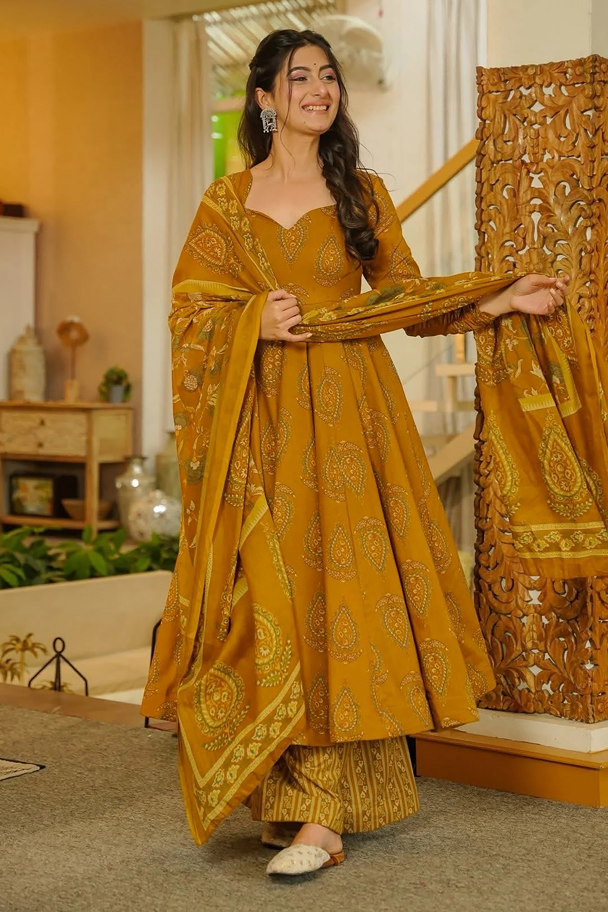 Ochre Mustard Paisley Print Muslin Flared Kurti Set