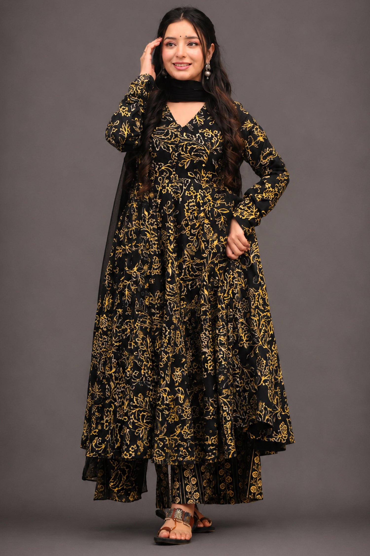 Onyx Black Whisper Leaf Printed Muslin Anarkali Kurti set