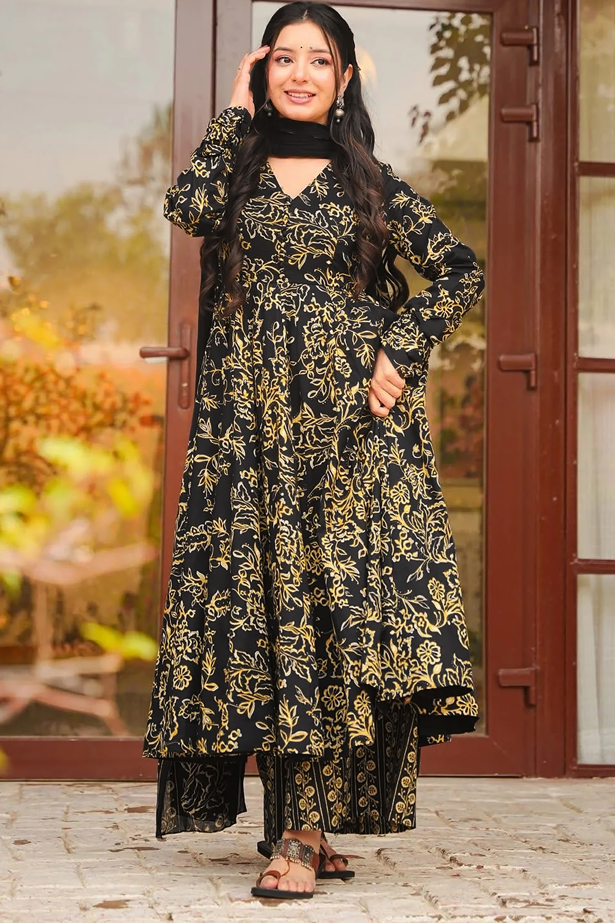 Onyx Black Whisper Leaf Printed Muslin Anarkali Kurti set